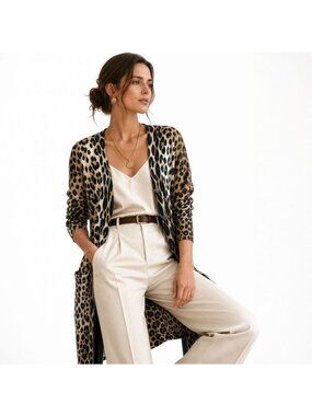 Ellison Long Lightweight Knit Leopard Print Open Cardigan Sweater M Office Money
